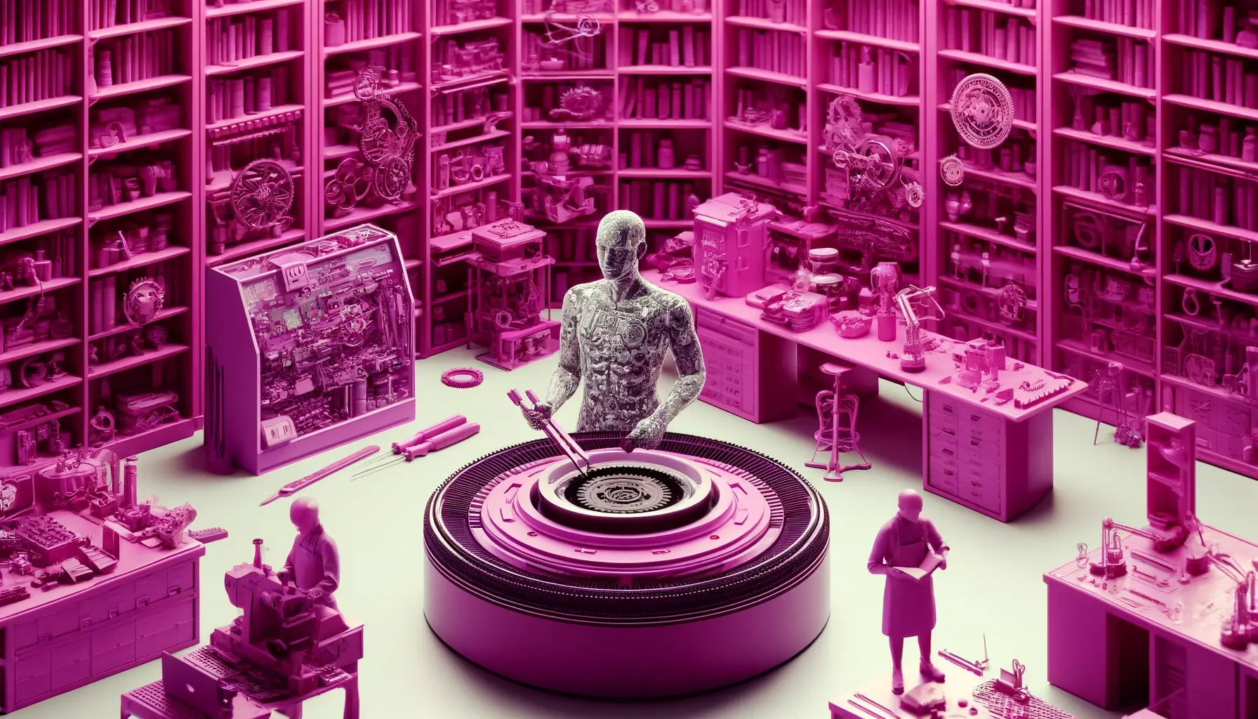 A wide-aspect conceptual image of a workshop-library hybrid environment, filled with books, tools, and technological gadgets in vibrant fuchsia tones